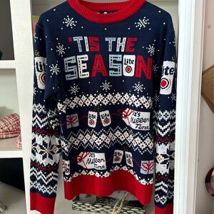 Miller Lite Beer EUC Navy/Red/White Holiday Print Ugly Sweater SMALL